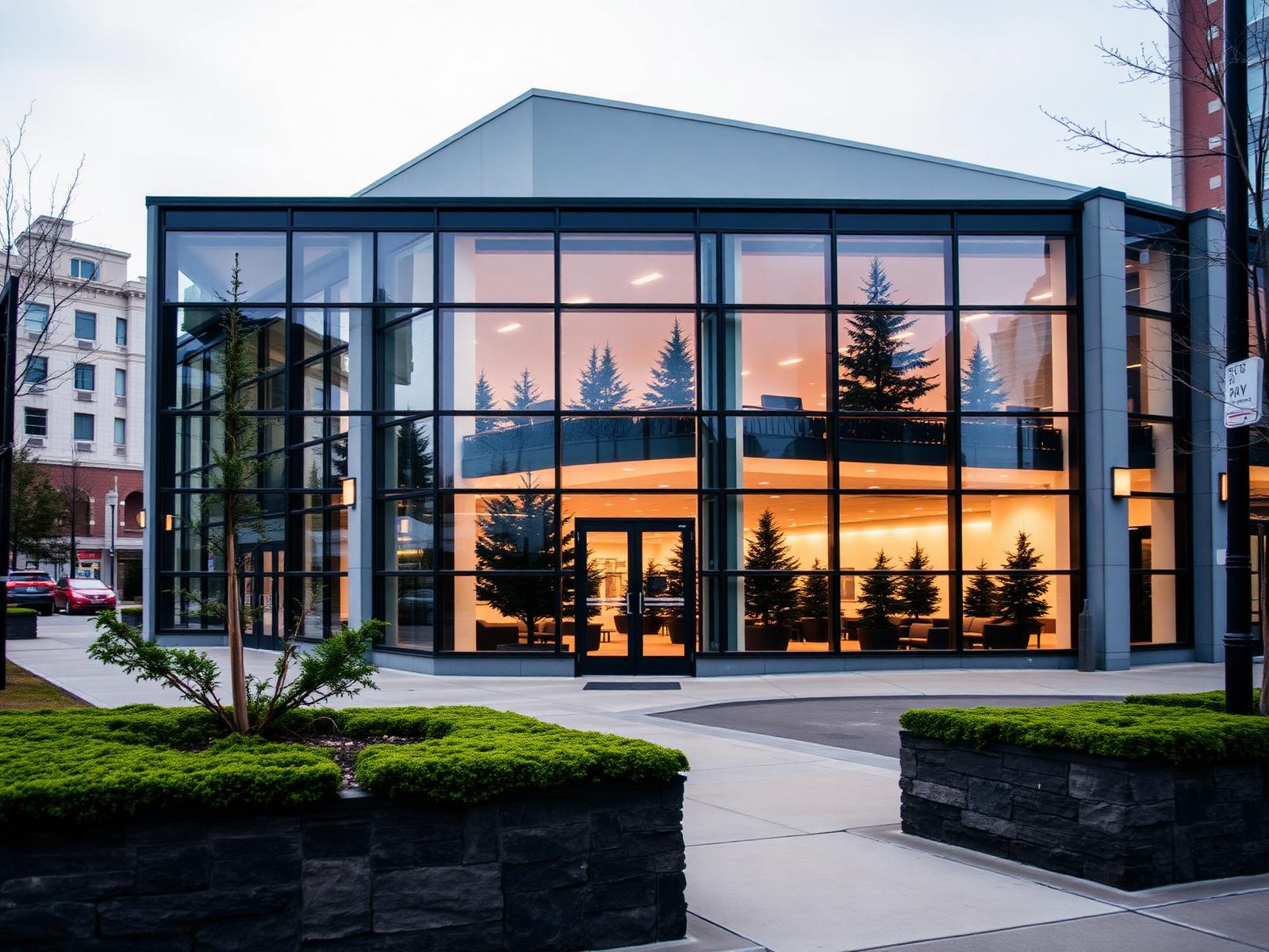 Modern glass office building in downtown Kent, Washington